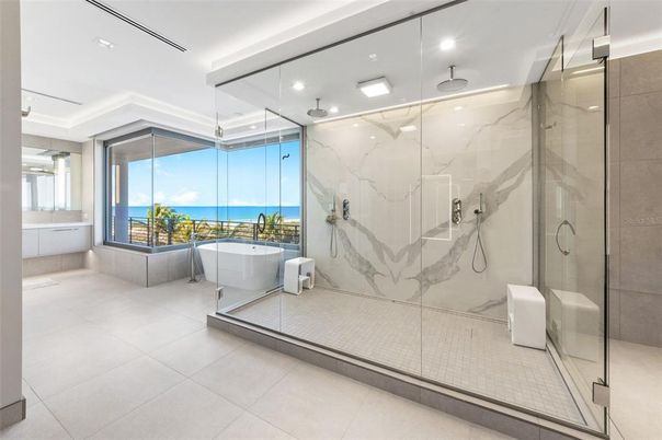 Bathroom, Glass Shower, Interior, Marble Walls, Recessed Lighting, Water