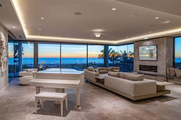 Fireplace, Interior, Living room, Piano, Recessed Lighting, Water
