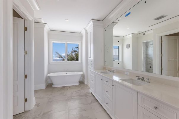 Bathroom, Dual Sink Vanities, Free Standing Baths, Interior, Marble, Recessed Lighting