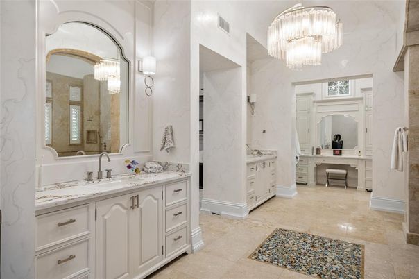 Bathroom, Chandelier, Dual Sink Vanities, Interior, Marble Walls