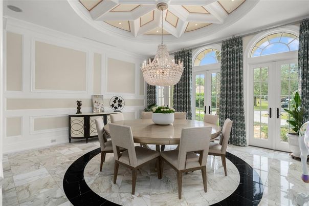 Chandelier, Dining room, Interior, Marble, Recessed Lighting