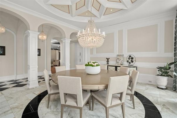Chandelier, Dining room, Interior, Marble, Recessed Lighting