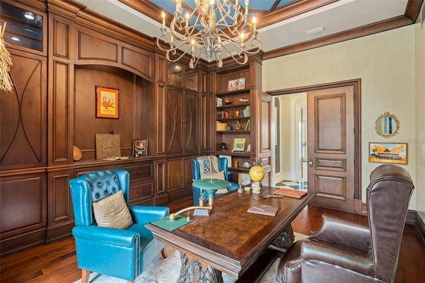 Chandelier, Home Office, Interior, Wood Texture Flooring, Wooden Walls