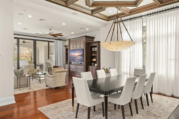 Dining room, Interior, Living room, Pendant Lights, Recessed Lighting, Wood Texture Flooring