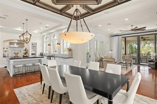 Chandelier, Dining room, Interior, Kitchen, Living room, Pendant Lights, Recessed Lighting, Wood Texture Flooring