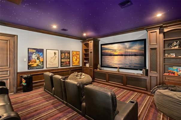 Home Theatre Room, Interior, Projection Screen, Recessed Lighting, Theatre Room, Wood Texture Flooring