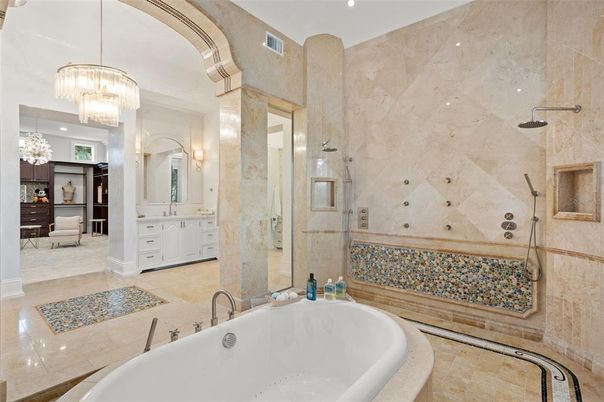 Bathroom, Chandelier, Dual Sink Vanities, Glass Shower, Interior, Recessed Lighting