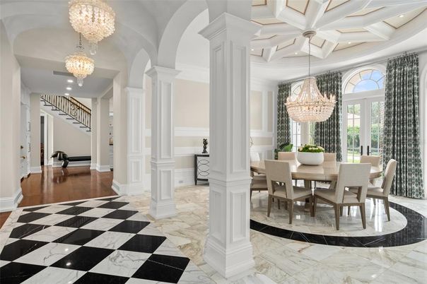 Chandelier, Dining room, Interior, Marble, Recessed Lighting