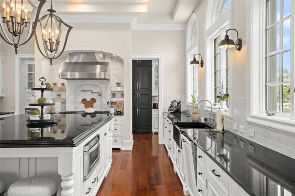 Chandelier, Interior, Kitchen, Stainless Steel Appliances, Wood Texture Flooring