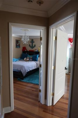 Bedroom, Chandelier, Interior, Wood Texture Flooring