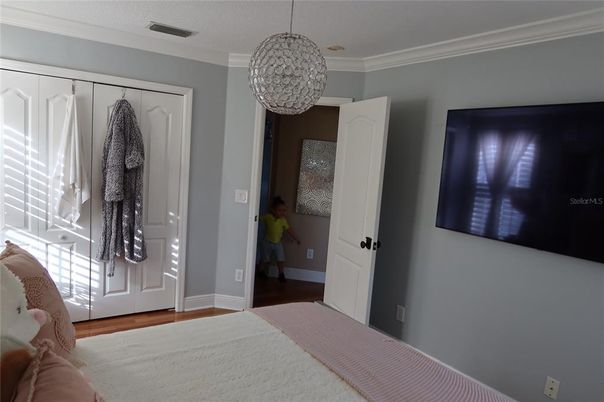 Bedroom, Interior, Pendant Lights, Wood Texture Flooring