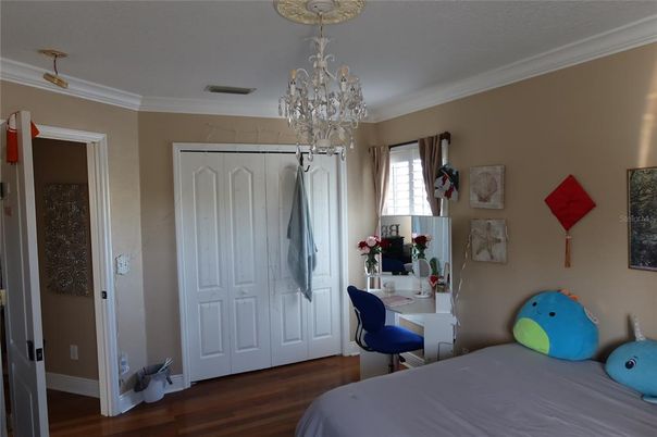 Bedroom, Chandelier, Home Office, Interior, Wood Texture Flooring