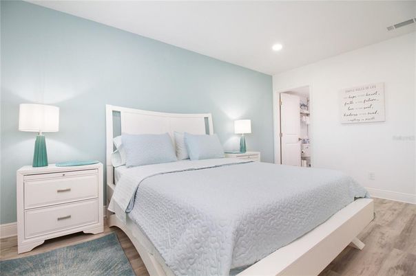 Bedroom, Interior, Recessed Lighting, Wood Texture Flooring