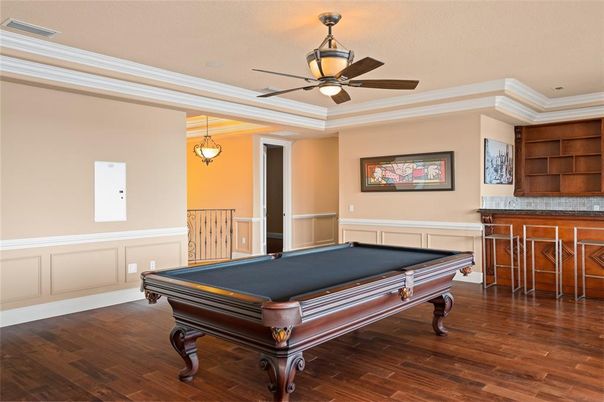 Billiard Table, Game Room, Interior, Pendant Lights, Wood Texture Flooring