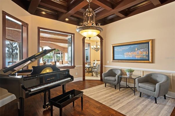 Chandelier, Interior, Piano, Wooden Beams, Wood Texture Flooring