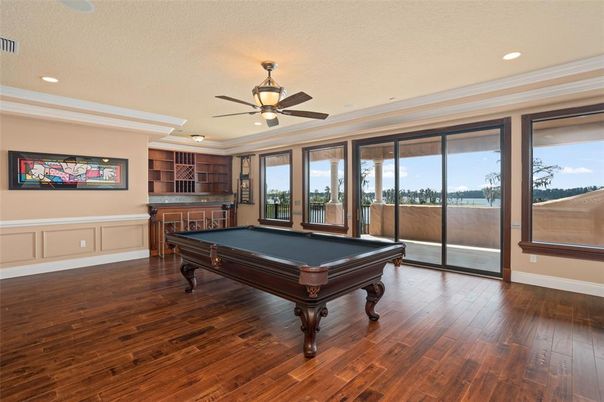 Billiard Table, Game Room, Interior, Recessed Lighting, Wood Texture Flooring