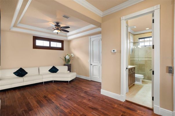 Bathroom, Glass Shower, Interior, Recessed Lighting, Wood Texture Flooring