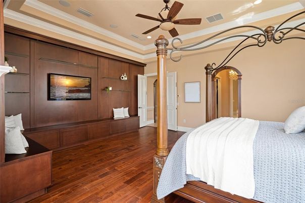 Bedroom, Interior, Recessed Lighting, Wood Texture Flooring, Wooden Walls