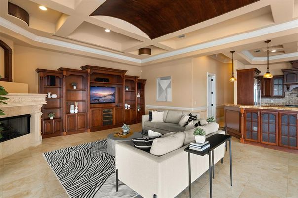 Fireplace, Interior, Kitchen, Living room, Pendant Lights, Recessed Lighting