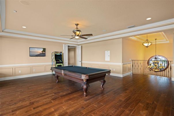 Billiard Table, Game Room, Interior, Pendant Lights, Recessed Lighting, Wood Texture Flooring