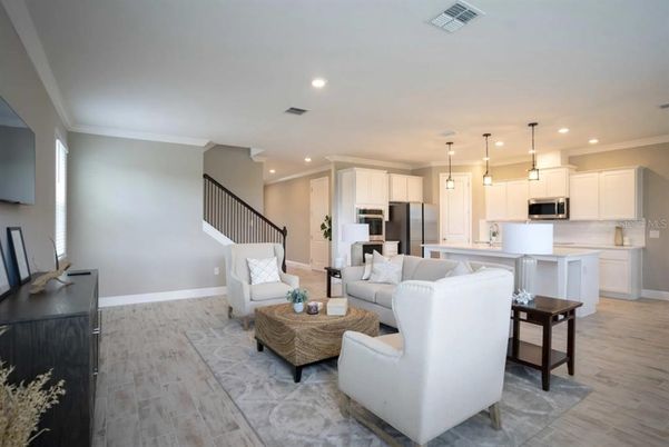 Interior, Kitchen, Living room, Pendant Lights, Recessed Lighting, Stainless Steel Appliances, Wood Texture Flooring