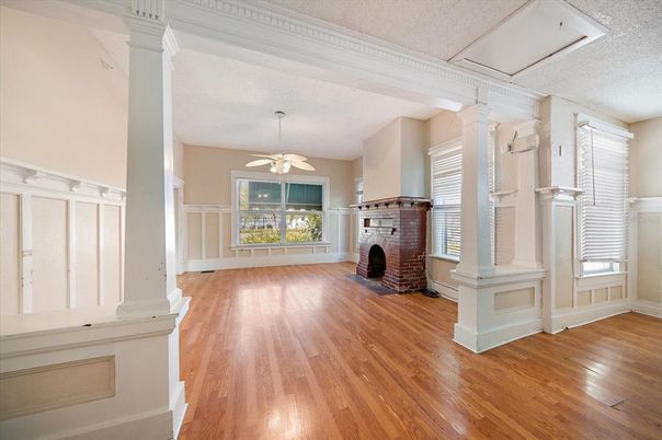 Fireplace, Interior, Washer, Wood Texture Flooring