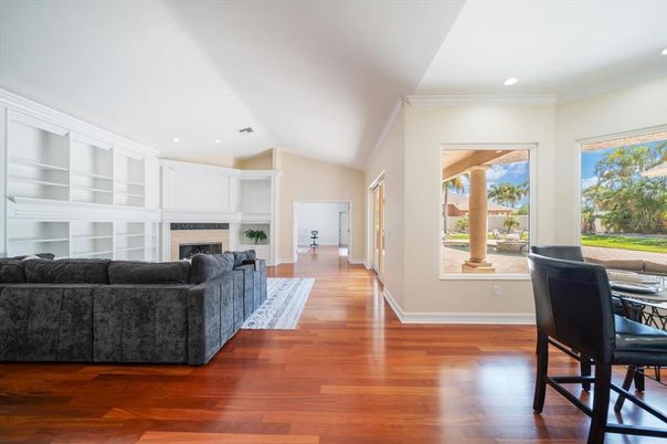 Fireplace, Interior, Living room, Recessed Lighting, Wood Texture Flooring