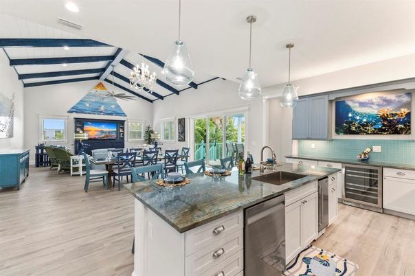 Dining room, Fireplace, Interior, Kitchen, Pendant Lights, Recessed Lighting, Wood Texture Flooring