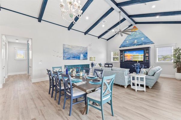 Dining room, Interior, Living room, Recessed Lighting, Wood Texture Flooring