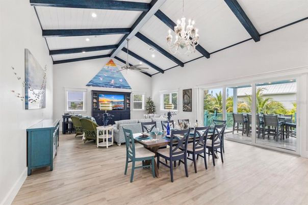 Chandelier, Dining room, Interior, Living room, Recessed Lighting, Wooden Beams, Wood Texture Flooring