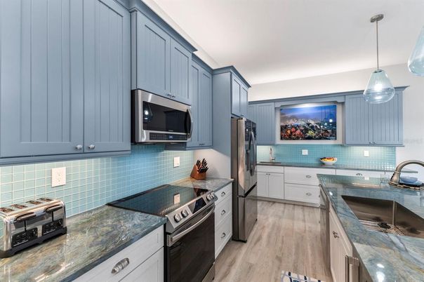 Interior, Kitchen, Pendant Lights, Stainless Steel Appliances, Wood Texture Flooring