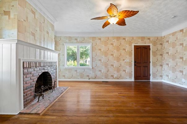 Empty room, Fireplace, Interior, Stone Walls, Wood Texture Flooring