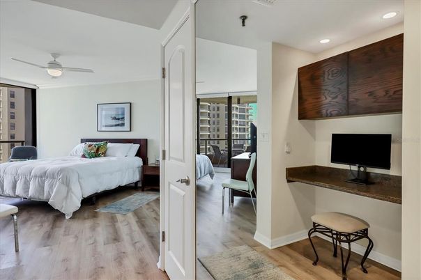 Bedroom, Interior, Recessed Lighting, Wood Texture Flooring