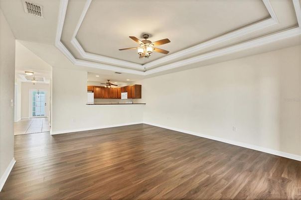 Empty room, Interior, Kitchen, Recessed Lighting, Wood Texture Flooring
