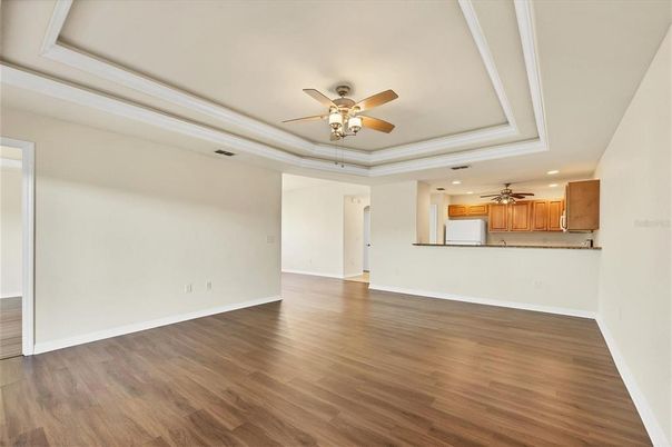 Empty room, Interior, Kitchen, Recessed Lighting, Wood Texture Flooring
