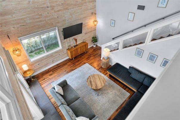 Interior, Living room, Pendant Lights, Wood Texture Flooring, Wooden Walls