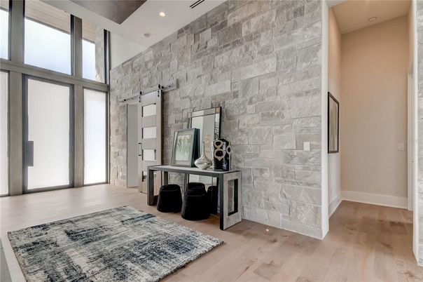 Interior, Recessed Lighting, Stone Walls, Wood Texture Flooring