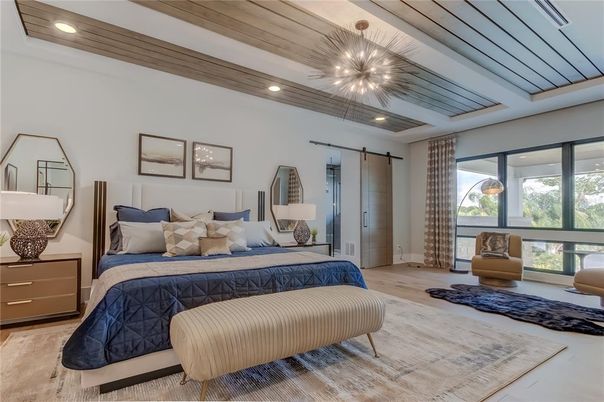 Bedroom, Interior, Pendant Lights, Recessed Lighting, Wooden Ceilings, Wood Texture Flooring