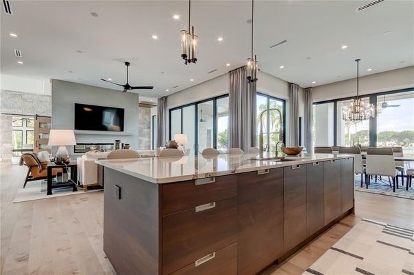 Chandelier, Dining room, Interior, Kitchen, Living room, Pendant Lights, Recessed Lighting, Wood Texture Flooring