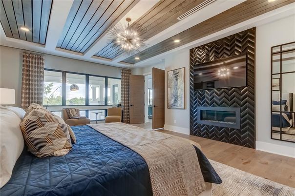 Bedroom, Fireplace, Interior, Pendant Lights, Recessed Lighting, Wooden Ceilings, Wood Texture Flooring