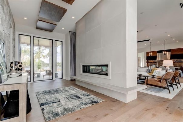 Fireplace, Interior, Living room, Pendant Lights, Recessed Lighting, Wood Texture Flooring