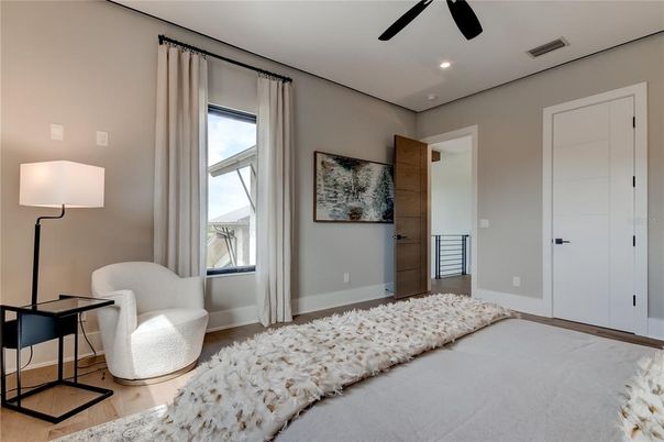 Bedroom, Interior, Recessed Lighting, Wood Texture Flooring