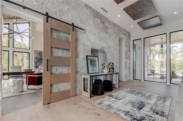 Interior, Pendant Lights, Recessed Lighting, Stone Walls, Wooden Beams, Wood Texture Flooring