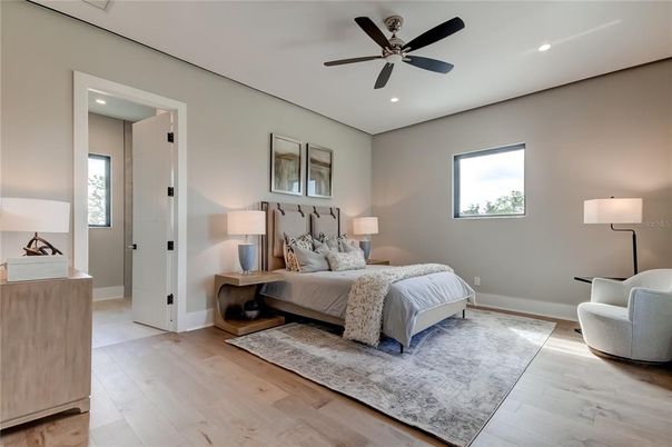 Bedroom, Interior, Recessed Lighting, Wood Texture Flooring