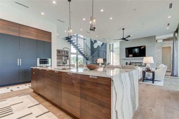 Interior, Kitchen, Living room, Pendant Lights, Recessed Lighting, Wood Texture Flooring