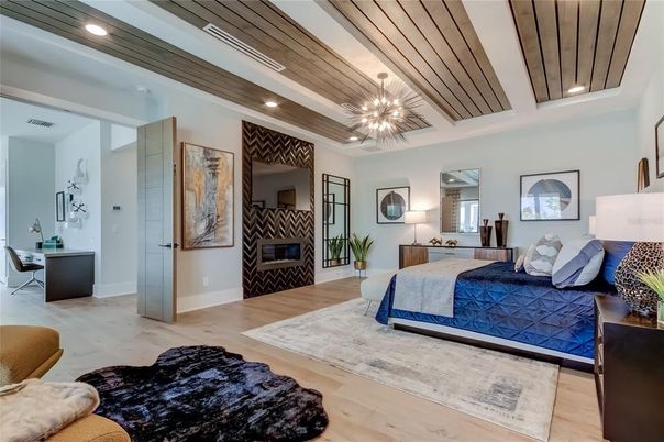 Bedroom, Interior, Recessed Lighting, Wooden Ceilings, Wood Texture Flooring