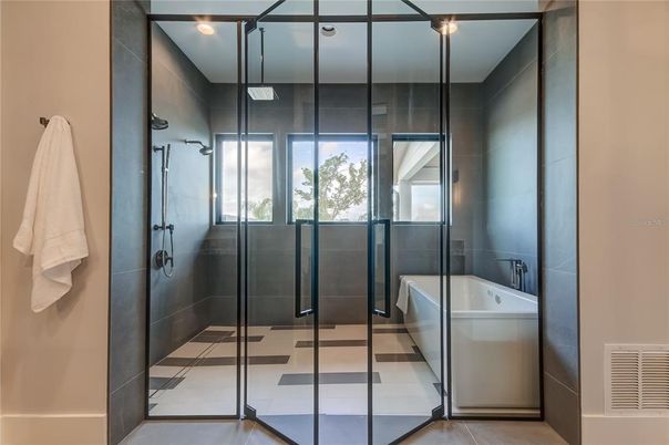 Bathroom, Glass Shower, Interior, Recessed Lighting