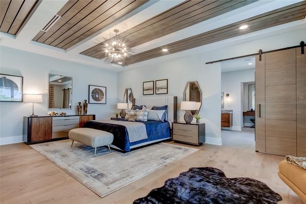 Bedroom, Interior, Pendant Lights, Recessed Lighting, Wooden Ceilings, Wood Texture Flooring