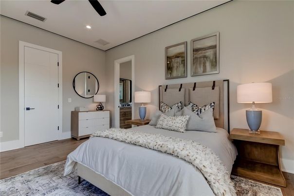 Bedroom, Interior, Recessed Lighting, Wood Texture Flooring