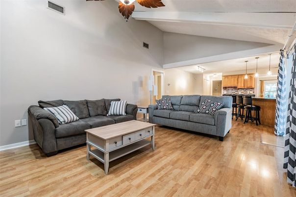 Interior, Kitchen, Living room, Pendant Lights, Wood Texture Flooring
